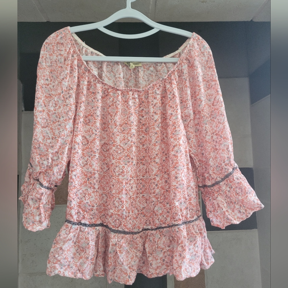 Democracy BOHO Floral Smocked Neck Flowy Relaxed Fit 3/4 Sleeve Blouse Large